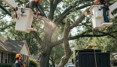 Emergency tree crew clearing storm-damaged fallen trees in Clearwater, FL