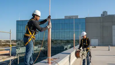 Clearwater, FL arborists installing lightning protection system for trees at a home and business site