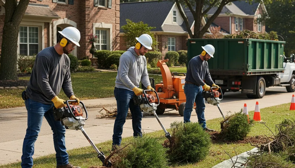 Clearwater, FL tree service crew removing overgrown shrubs from a yard