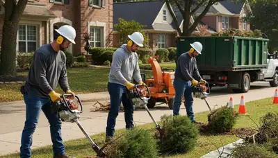 Clearwater, FL tree service crew removing overgrown shrubs from a yard