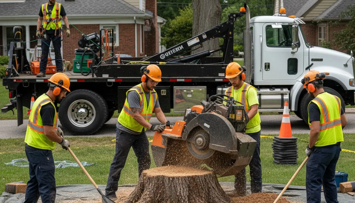 Clearwater, FL tree service crew removing a stump on a residential property