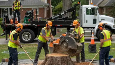 Clearwater, FL tree service crew removing a stump on a residential property