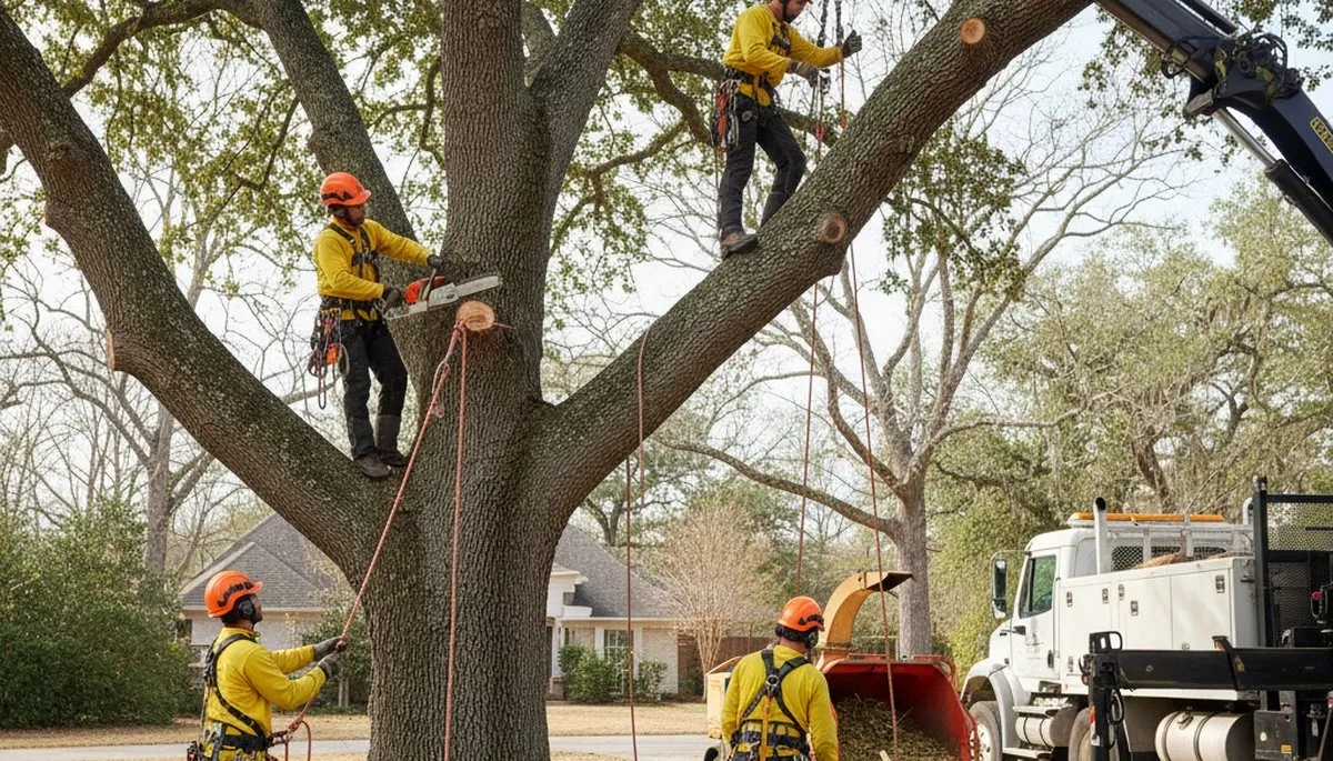 Clearwater, FL tree removal crew safely removing a hazardous tree on a residential property