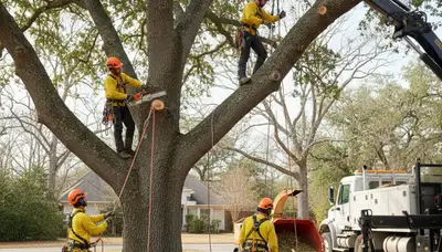 Clearwater, FL tree removal crew safely removing a hazardous tree on a residential property