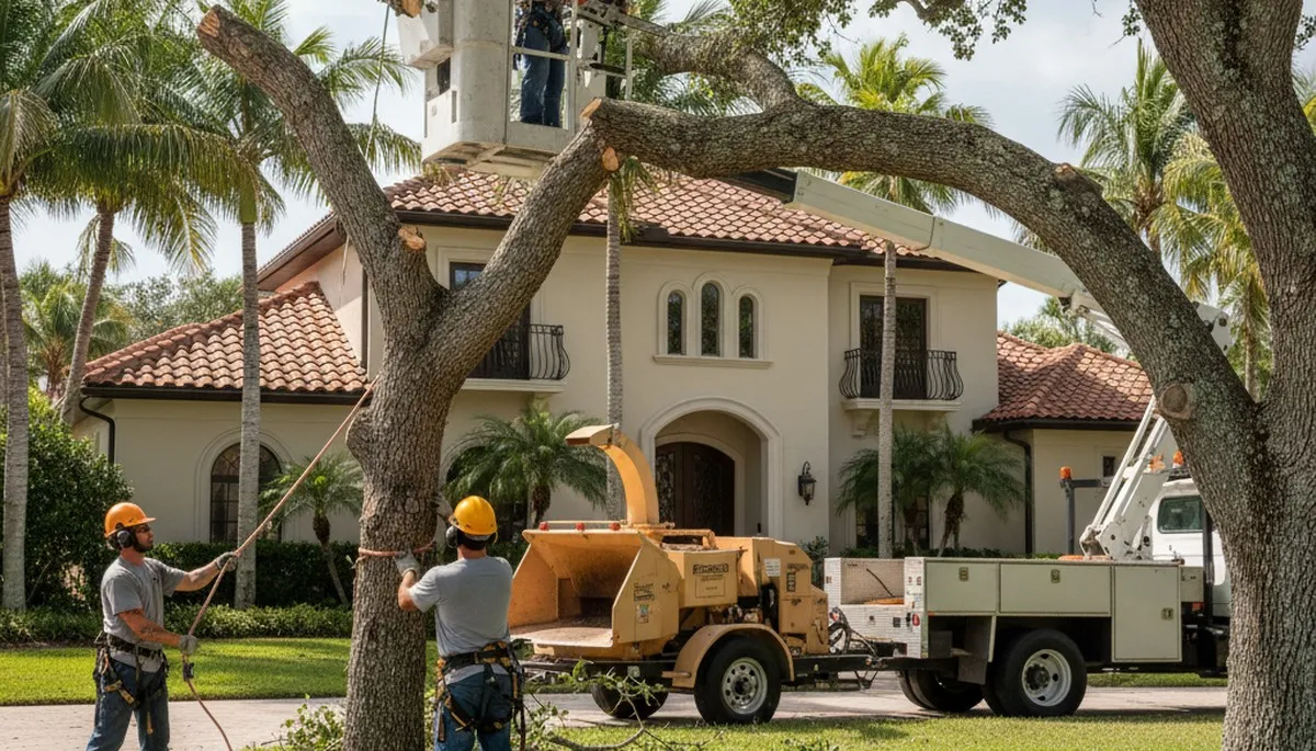 Tree service crew removing a tree in Clearwater, FL for safe property clearance