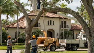 Tree service crew removing a tree in Clearwater, FL for safe property clearance