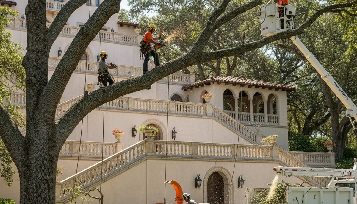 Tree service crew in Clearwater, FL providing professional tree removal for a local business site